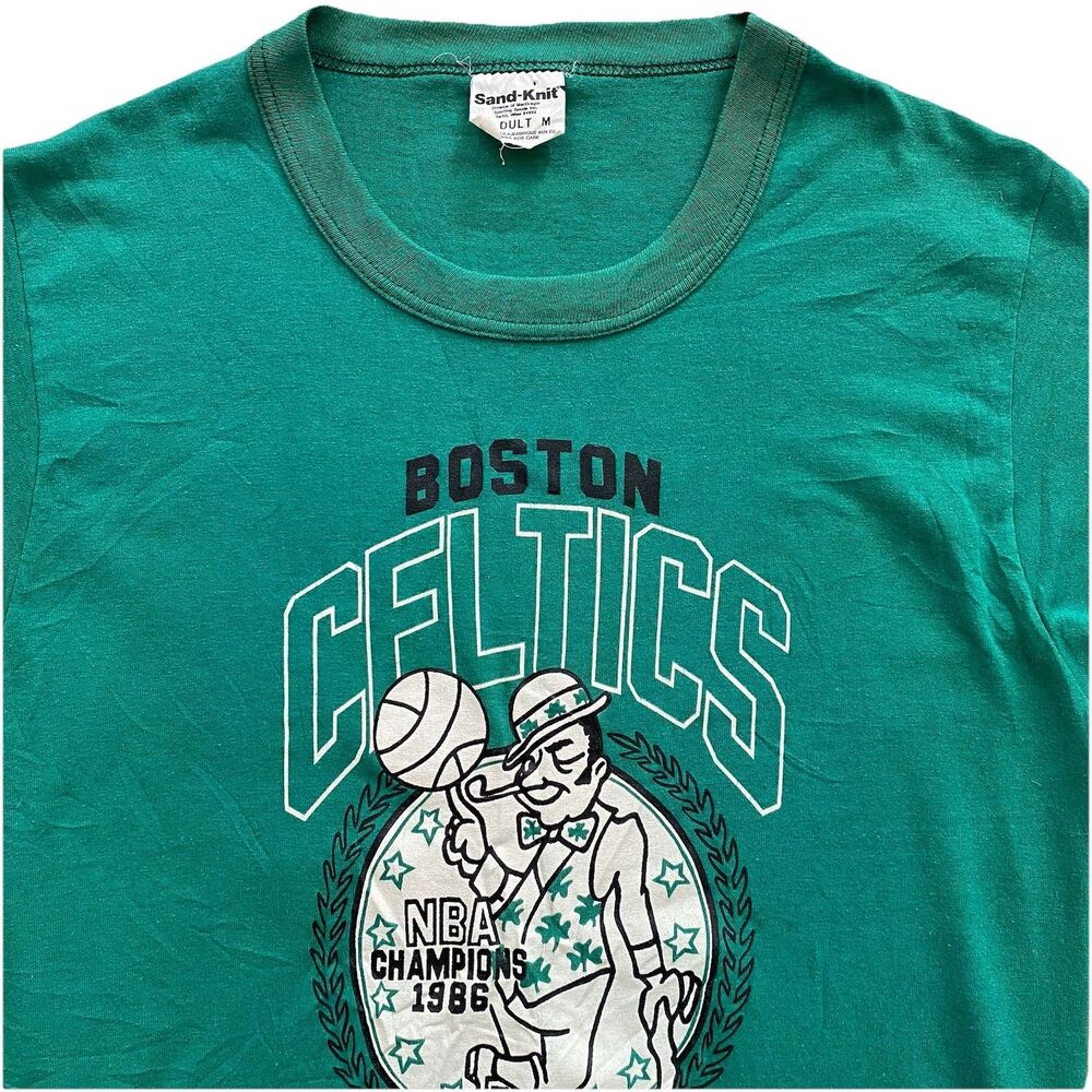Vintage 1986 Celtics Championship T Shirt 80s Boston Sand Knit Medium Green Logo